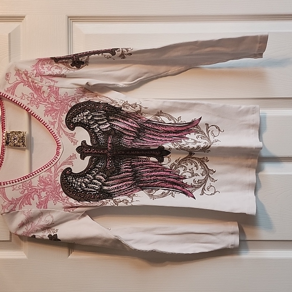 Vocal White and Pink Winged Cross Long Sleeve Top